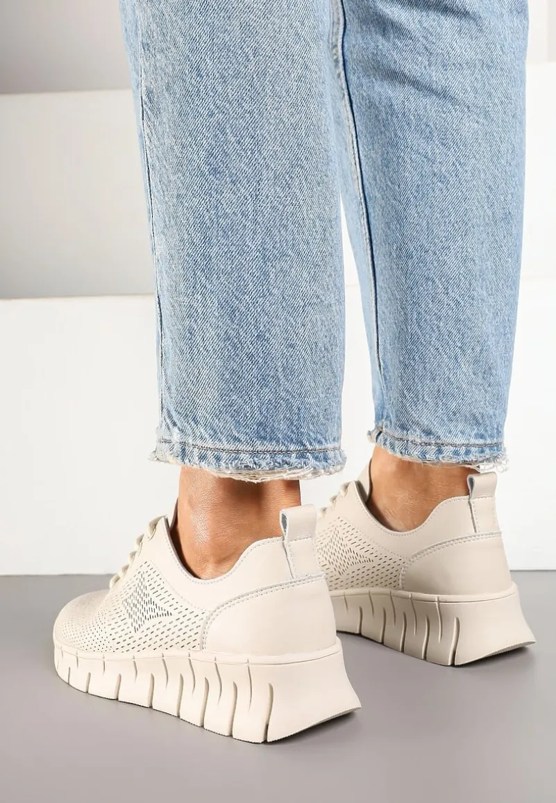 Beżowe Sneakersy ze Skóry Naturalnej ze Skórzaną Wkładką i Perforacją Nolzedis