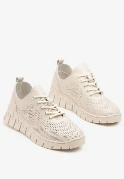 Beżowe Sneakersy ze Skóry Naturalnej ze Skórzaną Wkładką i Perforacją Nolzedis