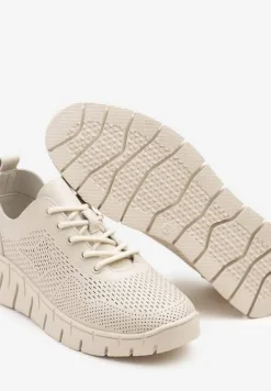 Beżowe Sneakersy ze Skóry Naturalnej ze Skórzaną Wkładką i Perforacją Nolzedis