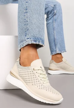 Beżowe Sneakersy ze Skóry Naturalnej z Ozdobnymi Wstawkami Molma