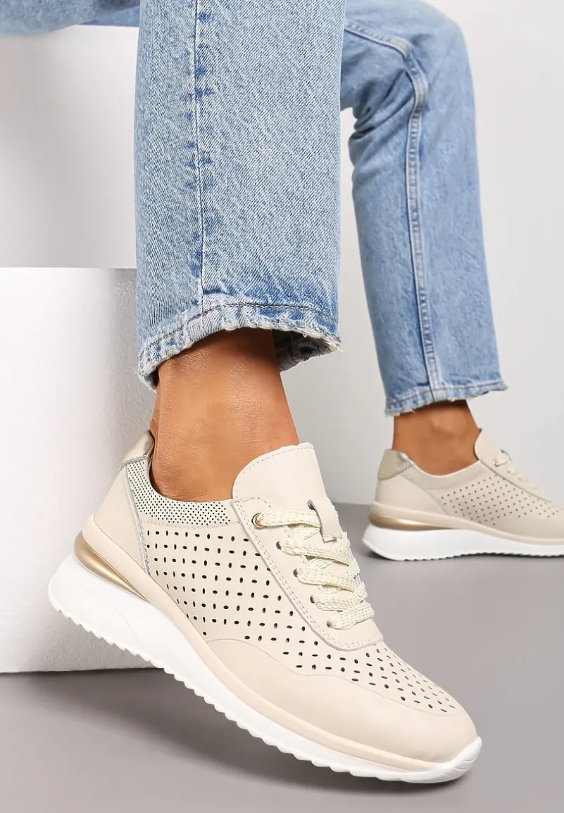 Beżowe Sneakersy ze Skóry Naturalnej z Ozdobnymi Wstawkami Molma