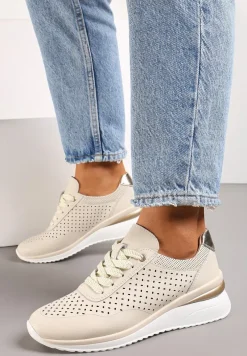 Beżowe Sneakersy ze Skóry Naturalnej z Ozdobnymi Wstawkami Molma