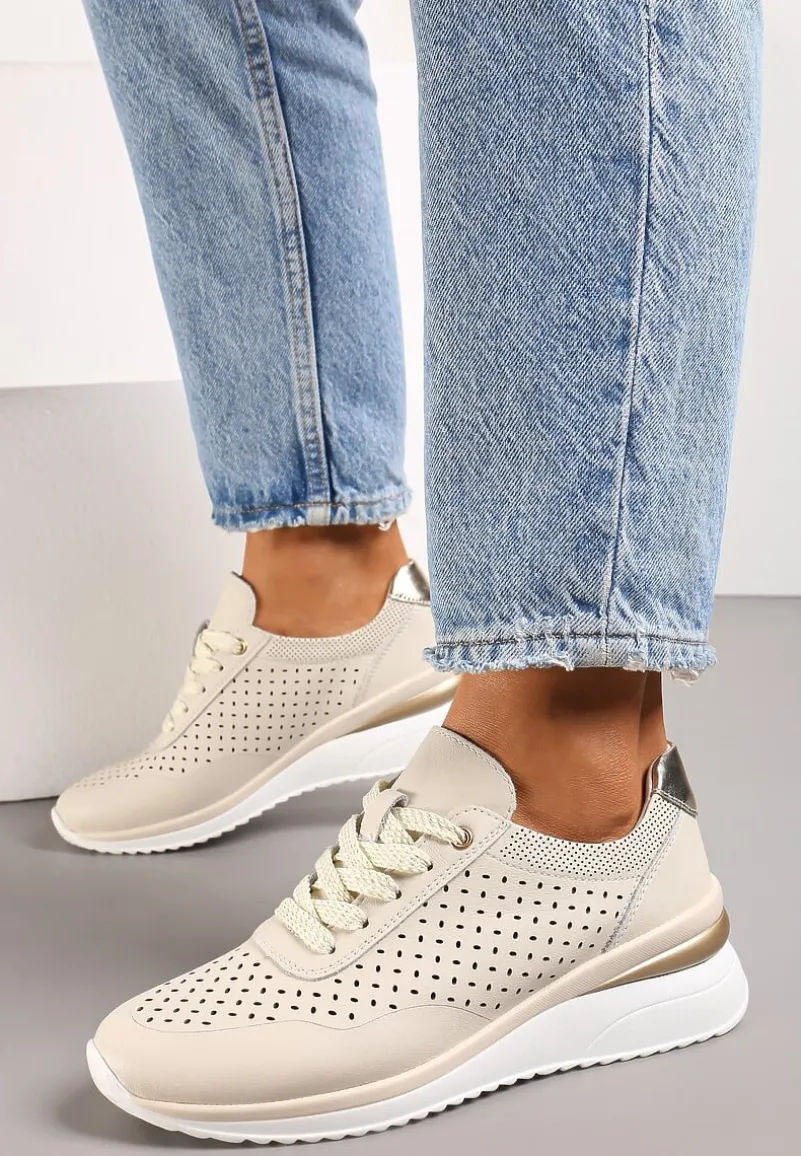 Beżowe Sneakersy ze Skóry Naturalnej z Ozdobnymi Wstawkami Molma