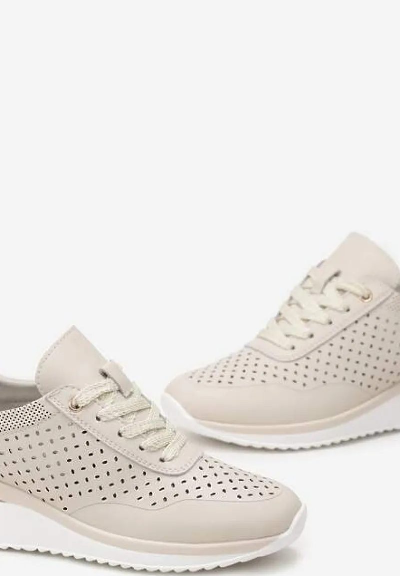 Beżowe Sneakersy ze Skóry Naturalnej z Ozdobnymi Wstawkami Molma