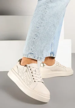 Beżowe Sneakersy ze Skóry Naturalnej ze Skórzaną Wkładką i Perforacją Falothra