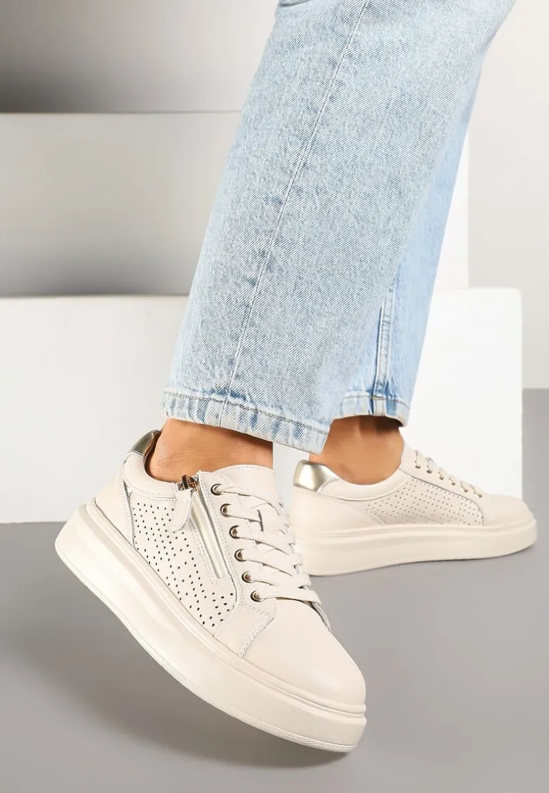 Beżowe Sneakersy ze Skóry Naturalnej ze Skórzaną Wkładką i Perforacją Falothra