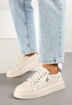 Beżowe Sneakersy ze Skóry Naturalnej ze Skórzaną Wkładką i Perforacją Falothra