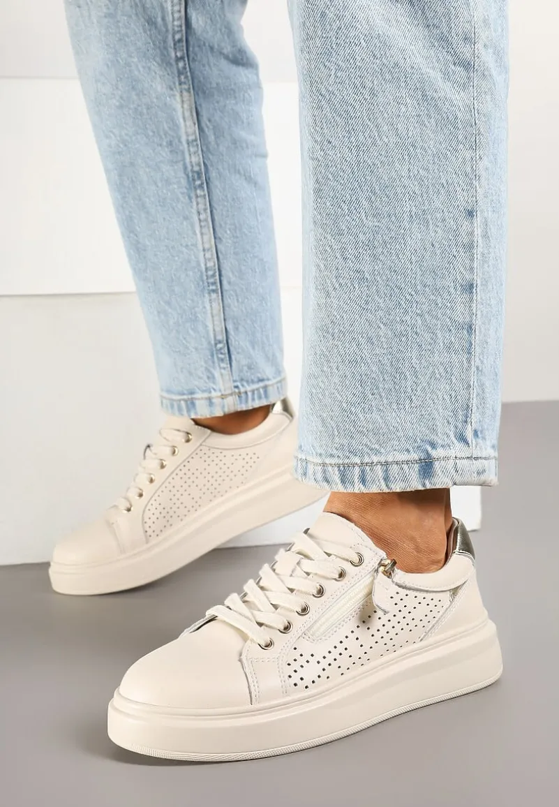 Beżowe Sneakersy ze Skóry Naturalnej ze Skórzaną Wkładką i Perforacją Falothra
