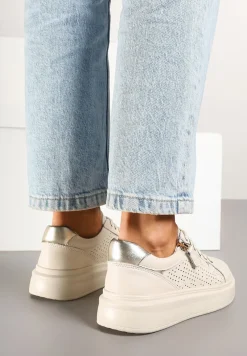 Beżowe Sneakersy ze Skóry Naturalnej ze Skórzaną Wkładką i Perforacją Falothra