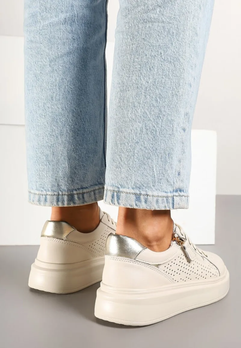 Beżowe Sneakersy ze Skóry Naturalnej ze Skórzaną Wkładką i Perforacją Falothra