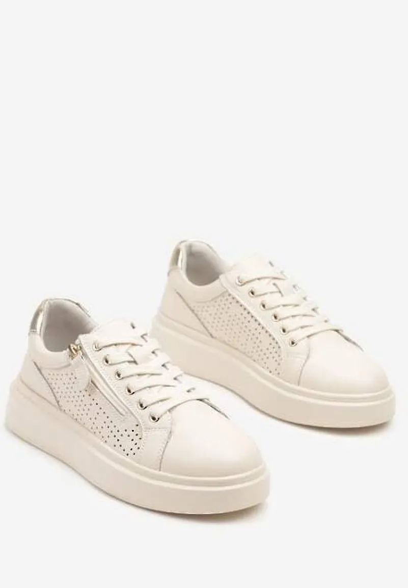 Beżowe Sneakersy ze Skóry Naturalnej ze Skórzaną Wkładką i Perforacją Falothra