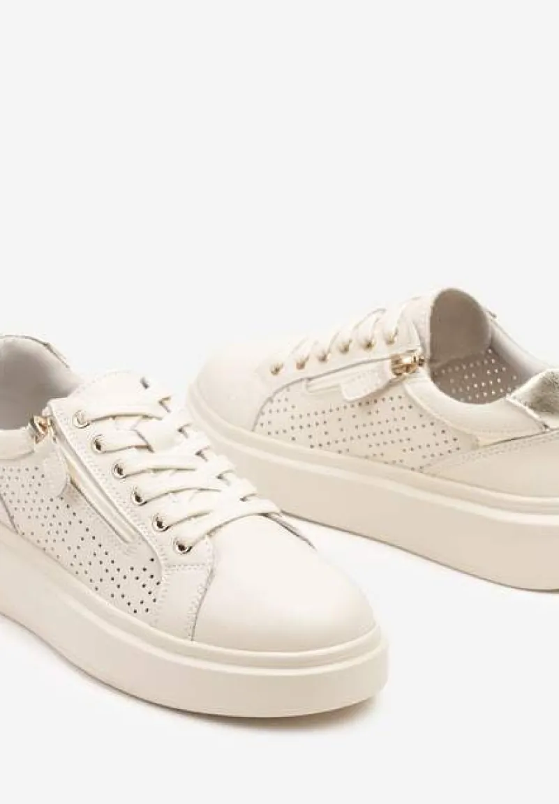 Beżowe Sneakersy ze Skóry Naturalnej ze Skórzaną Wkładką i Perforacją Falothra