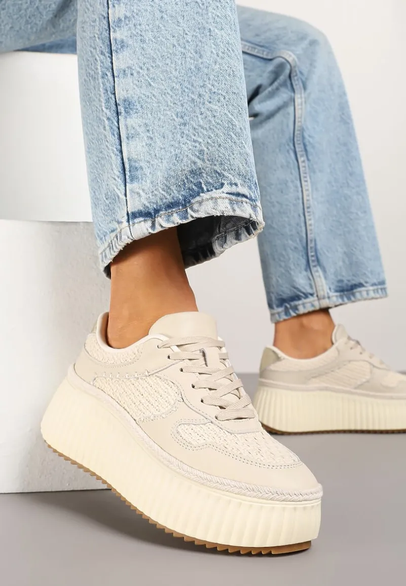 Beżowe Sneakersy ze Skóry Naturalnej na Tłoczonej Platformie Mirivin