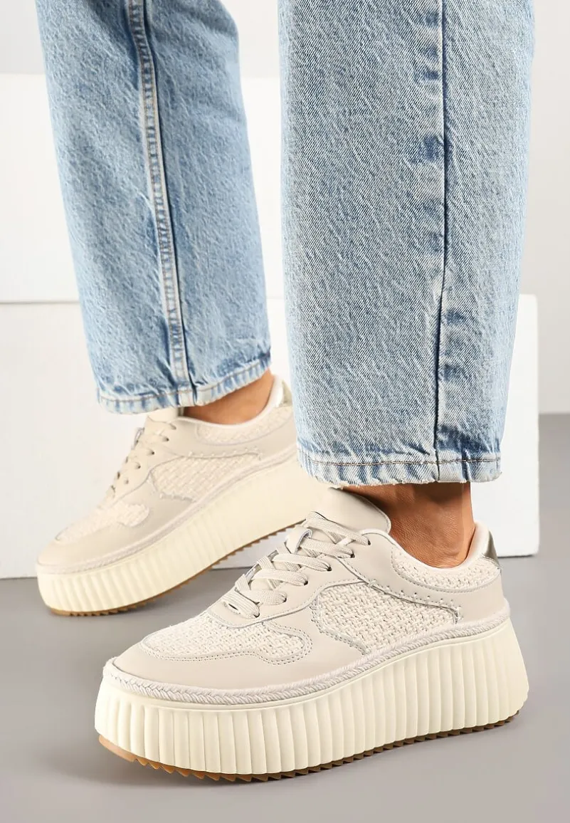 Beżowe Sneakersy ze Skóry Naturalnej na Tłoczonej Platformie Mirivin