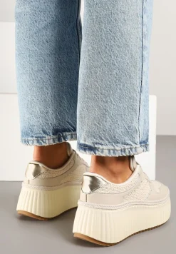 Beżowe Sneakersy ze Skóry Naturalnej na Tłoczonej Platformie Mirivin