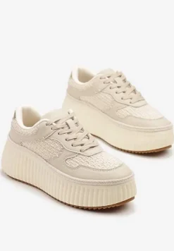 Beżowe Sneakersy ze Skóry Naturalnej na Tłoczonej Platformie Mirivin
