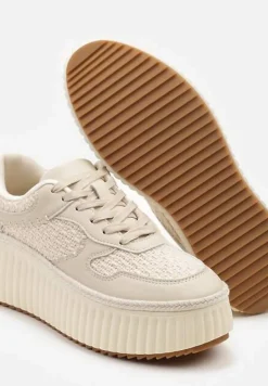 Beżowe Sneakersy ze Skóry Naturalnej na Tłoczonej Platformie Mirivin