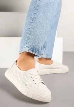 Beżowe Sneakersy ze Skóry Naturalnej z Perforacją Isolena