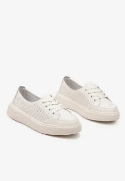 Beżowe Sneakersy ze Skóry Naturalnej z Perforacją Isolena