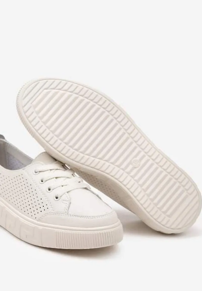 Beżowe Sneakersy ze Skóry Naturalnej z Perforacją Isolena