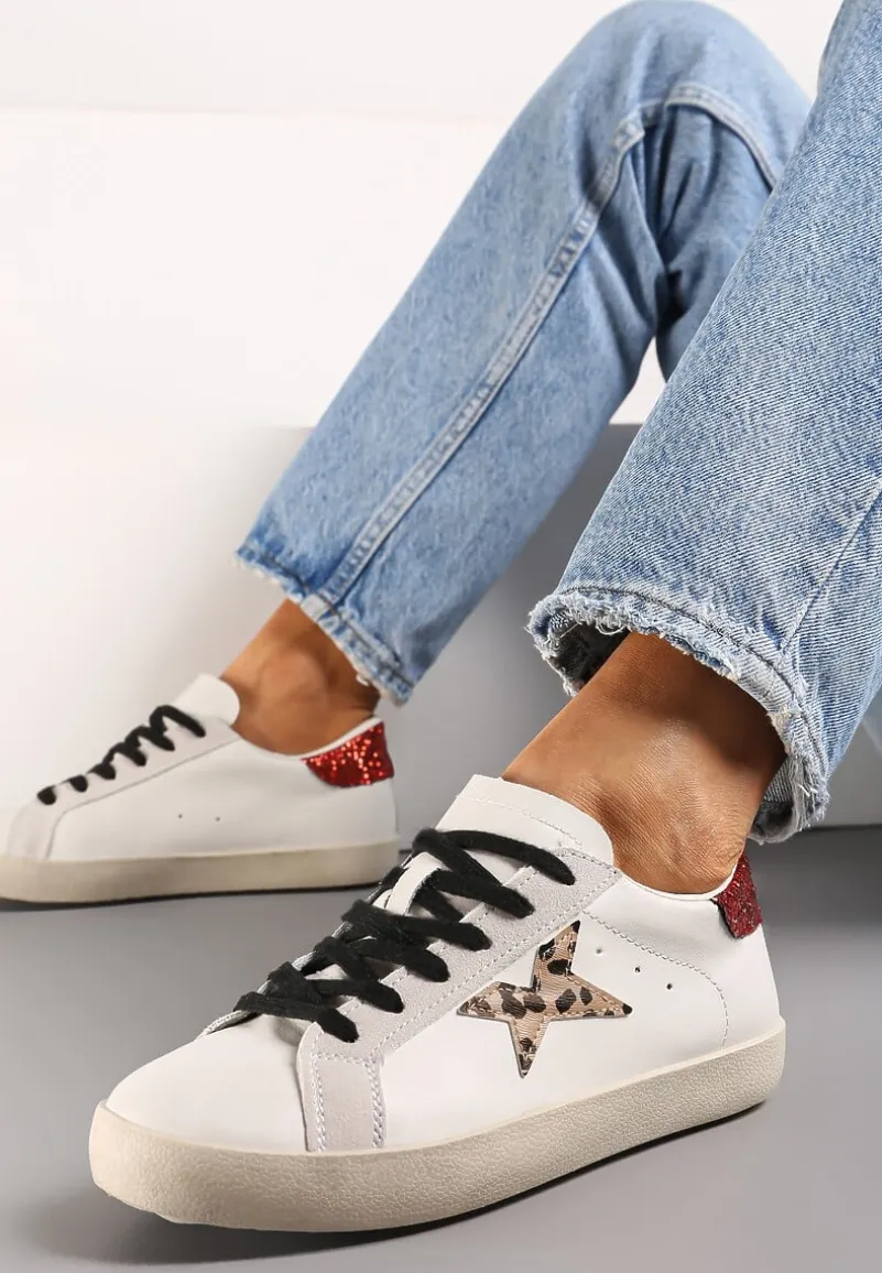 Beżowe Sneakersy ze Sznurowaniem Naszywką Gwiazdki i Brokatem Querena