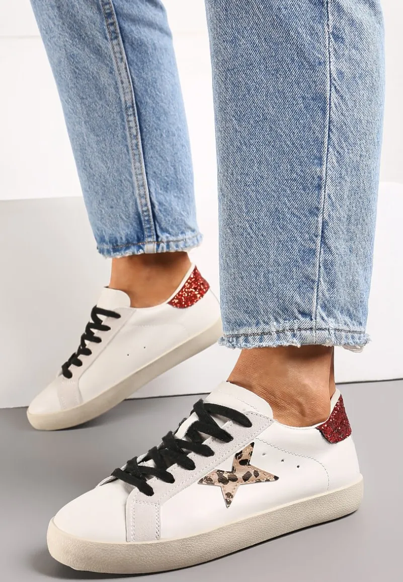 Beżowe Sneakersy ze Sznurowaniem Naszywką Gwiazdki i Brokatem Querena