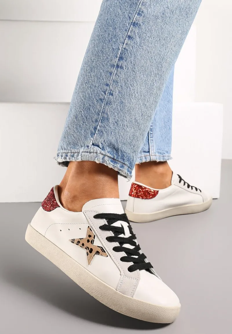 Beżowe Sneakersy ze Sznurowaniem Naszywką Gwiazdki i Brokatem Querena