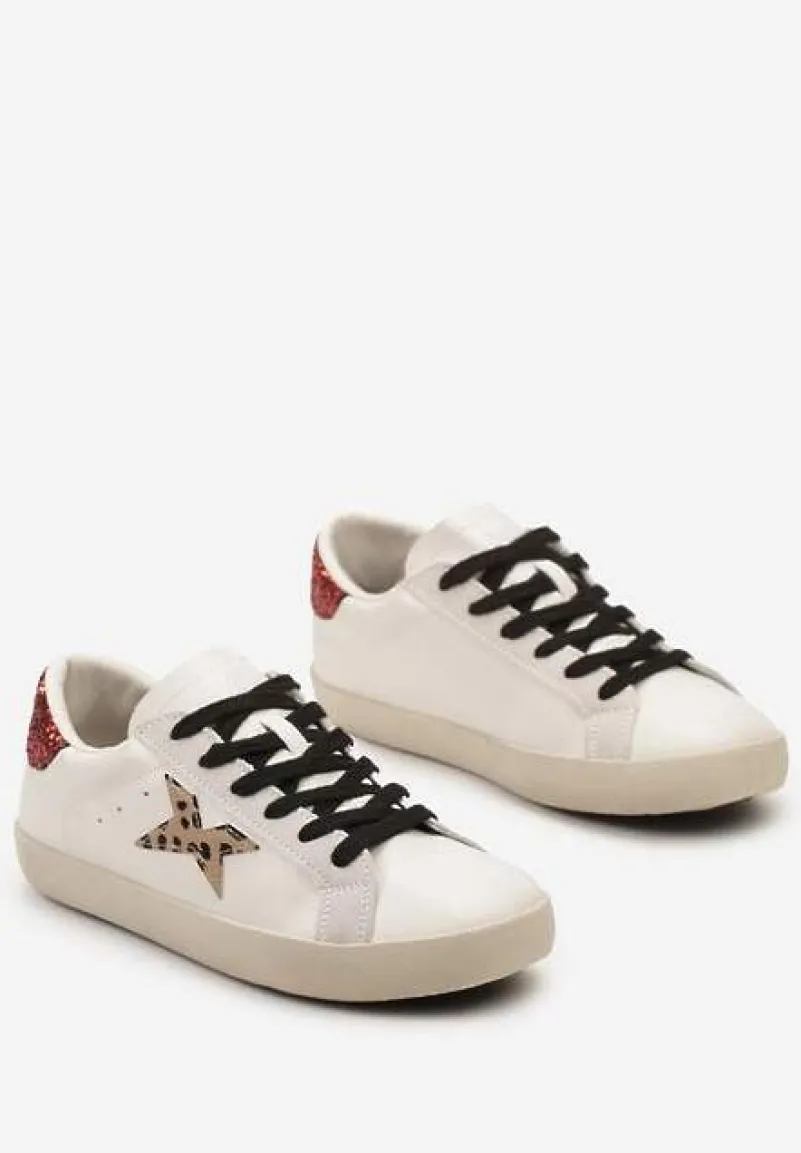 Beżowe Sneakersy ze Sznurowaniem Naszywką Gwiazdki i Brokatem Querena