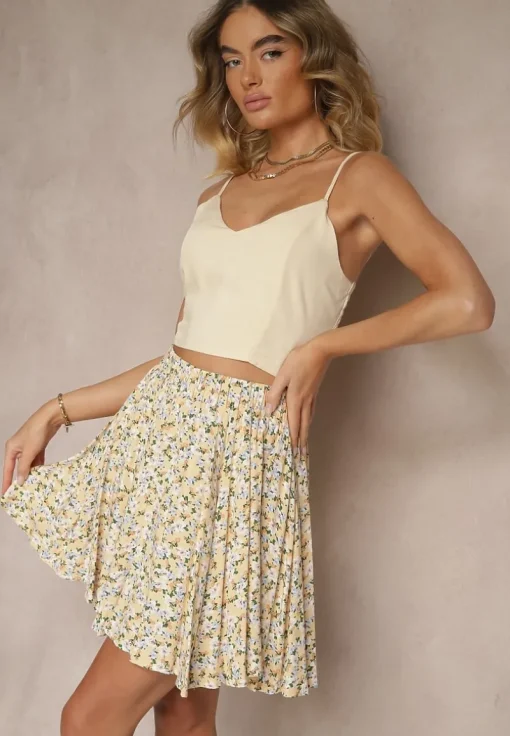 Beżowe Spódnico-Szorty High Waist w Kwiaty Sunevra