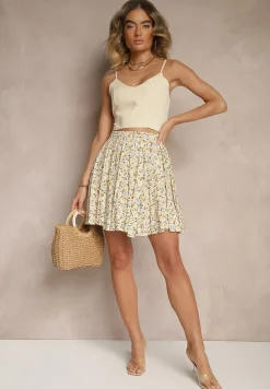 Beżowe Spódnico-Szorty High Waist w Kwiaty Sunevra