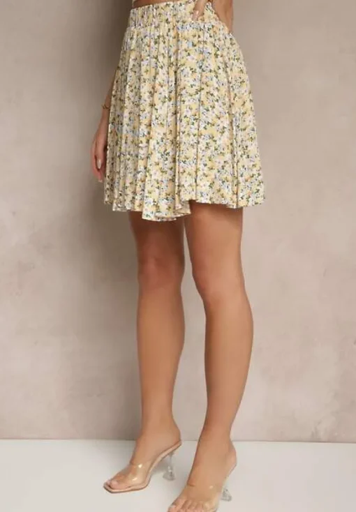 Beżowe Spódnico-Szorty High Waist w Kwiaty Sunevra