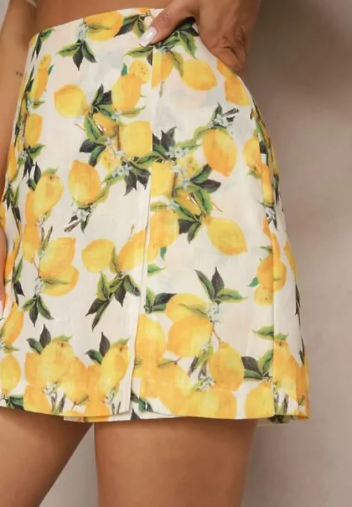 Beżowe Spódnico-Szorty High Waist z Motywem Cytryn Nitiria