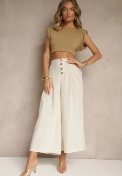 Beżowe Spodnie Culottes High Waist z Bawełny Zdobione Guzikami Izuma