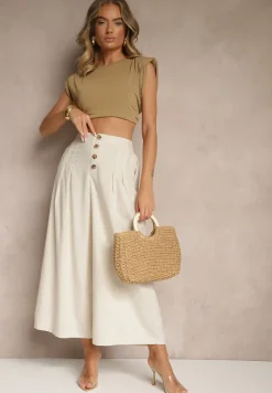 Beżowe Spodnie Culottes High Waist z Bawełny Zdobione Guzikami Izuma