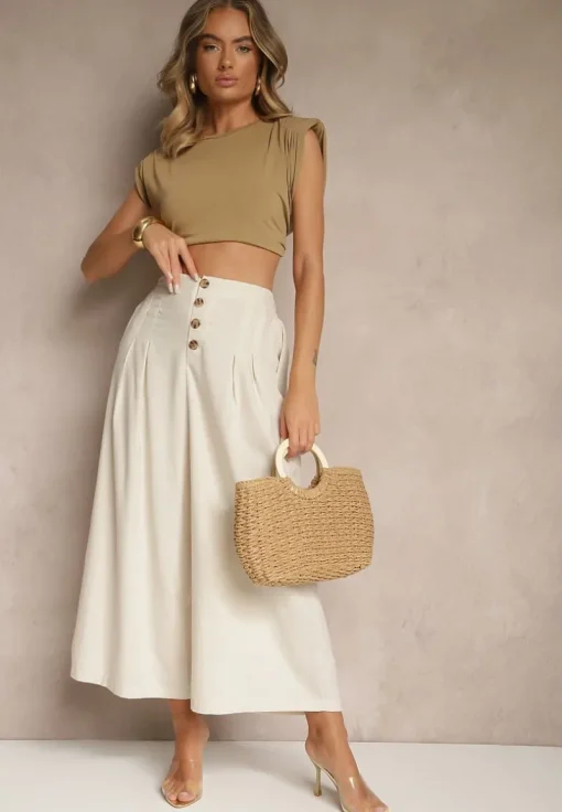 Beżowe Spodnie Culottes High Waist z Bawełny Zdobione Guzikami Izuma