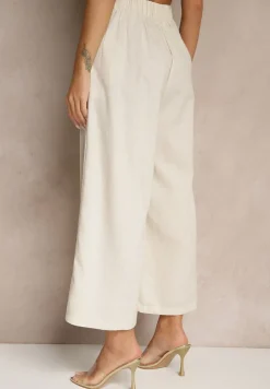 Beżowe Spodnie Culottes High Waist z Bawełny Zdobione Guzikami Izuma