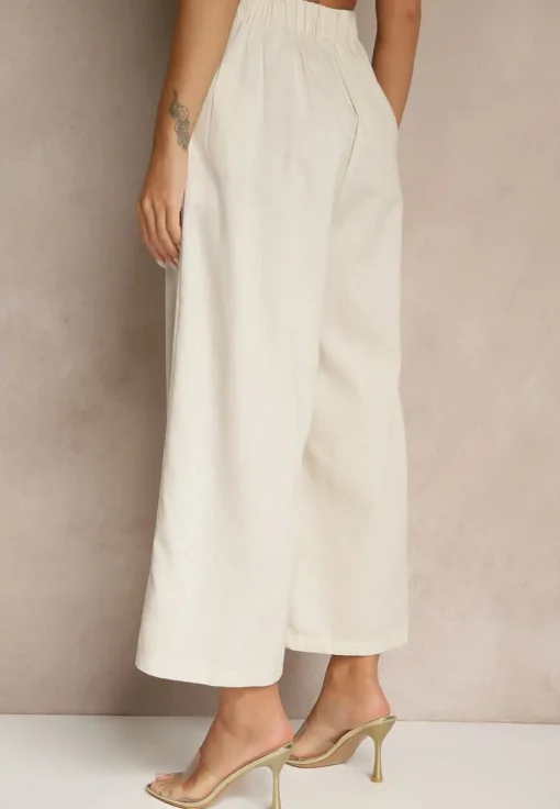 Beżowe Spodnie Culottes High Waist z Bawełny Zdobione Guzikami Izuma