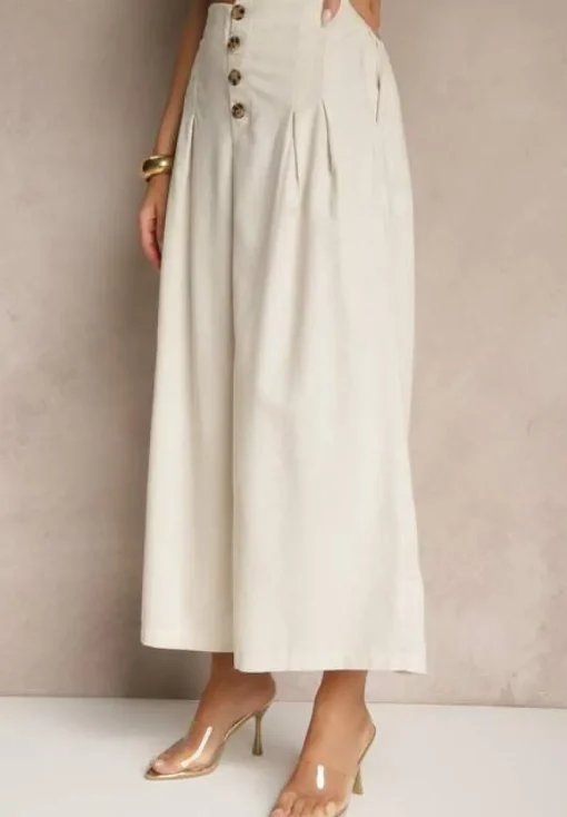 Beżowe Spodnie Culottes High Waist z Bawełny Zdobione Guzikami Izuma