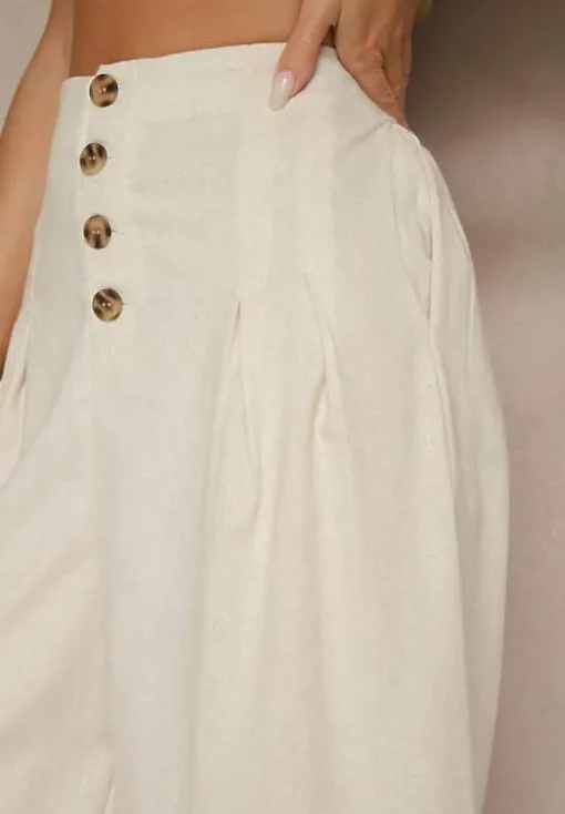 Beżowe Spodnie Culottes High Waist z Bawełny Zdobione Guzikami Izuma