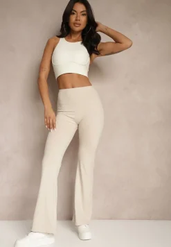 Beżowe Spodnie Dzwony Legginsy High Waist Onellin