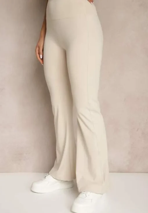 Beżowe Spodnie Dzwony Legginsy High Waist Onellin
