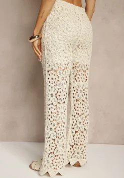 Beżowe Spodnie Flare High Waist z Ażurowej Tkaniny z Gumką w Talii Mepnira
