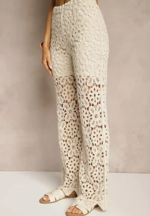 Beżowe Spodnie Flare High Waist z Ażurowej Tkaniny z Gumką w Talii Mepnira