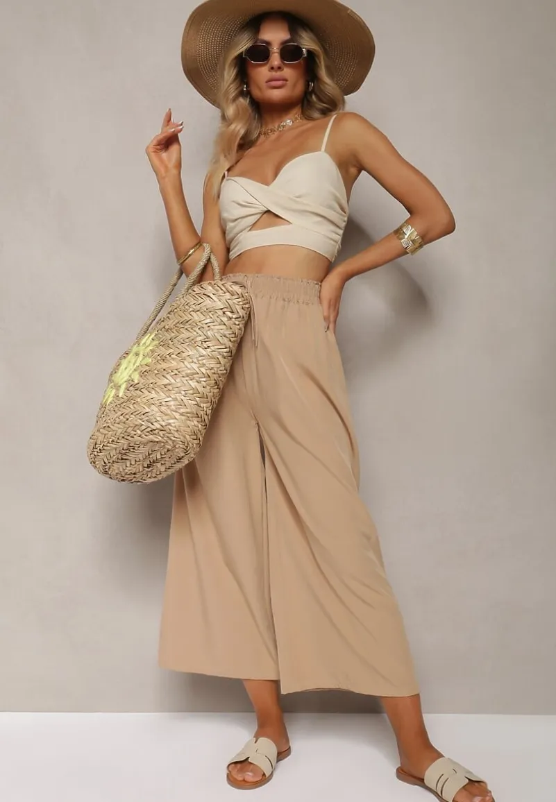 Beżowe Spodnie High Waist z Szerokimi Nogawkami z Wiskozą Wykończone Gumką w Talii Crisantas