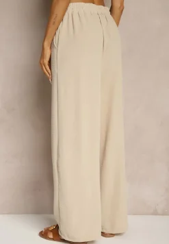 Beżowe Spodnie High Waist ze Sznurkiem w Talii i Prostą Nogawką Raveann