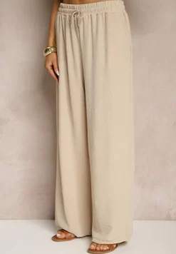 Beżowe Spodnie High Waist ze Sznurkiem w Talii i Prostą Nogawką Raveann