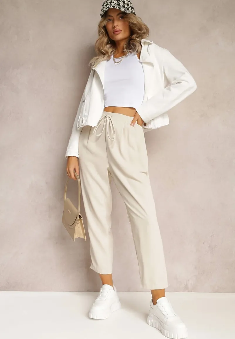 Beżowe Spodnie High Waist z Gumką i Troczkiem w Pasie oraz Kieszeniami Arlettia