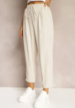 Beżowe Spodnie High Waist z Gumką i Troczkiem w Pasie oraz Kieszeniami Arlettia
