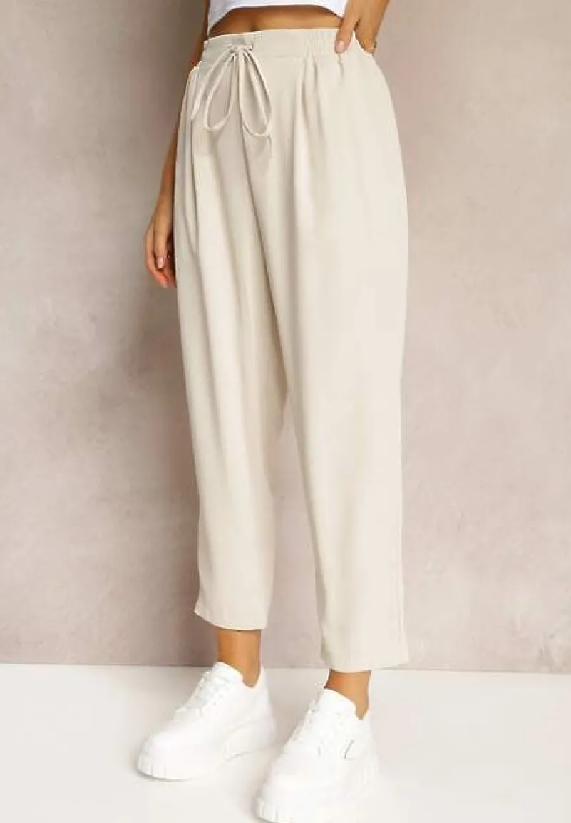 Beżowe Spodnie High Waist z Gumką i Troczkiem w Pasie oraz Kieszeniami Arlettia