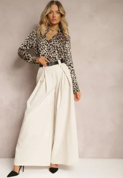 Beżowe Spodnie High Waist z Szerokimi Nogawkami i Paskiem Brillara